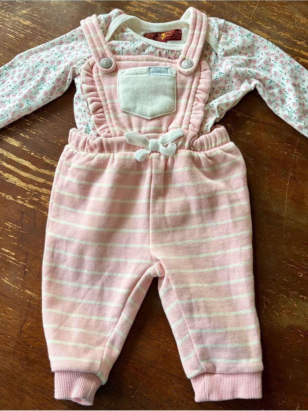 7 For All Mankind Pink and White Striped Overalls with Ruffle Bib